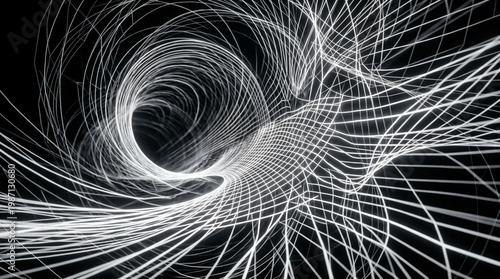 Futuristic Abstract Geometric Wireframe Space with Glowing White Lines in Dark Infinite Void