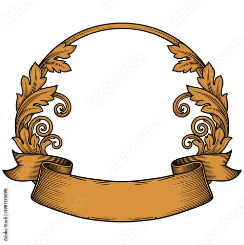 Ornate vintage-style decorative frame featuring elegant scrolling foliage and a prominent blank banner for custom text, perfect for labels, invitations, certificates, or heraldic emblem vector design