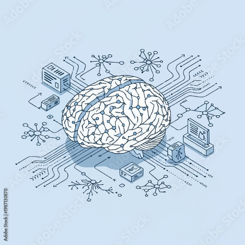 Brain with circuit board and technology elements.