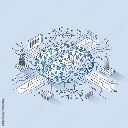 Brain with circuit board and technology elements.