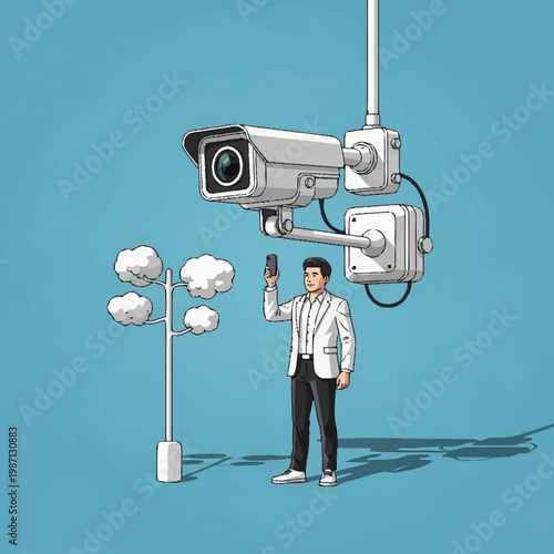 Man standing under surveillance camera with smartphone.