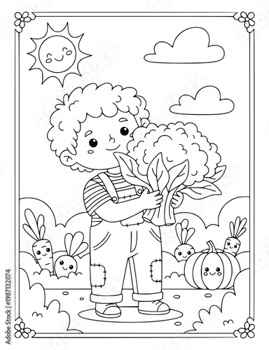 Gardening coloring page illustration with a young boy holding a large cauliflower