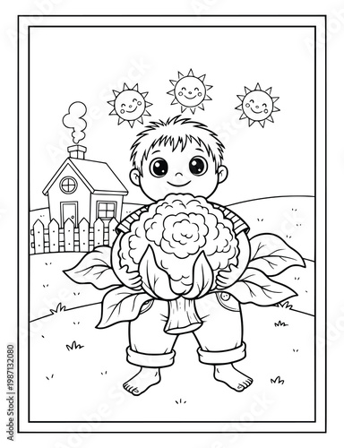 Gardening coloring page illustration with a young boy holding a big cauliflower