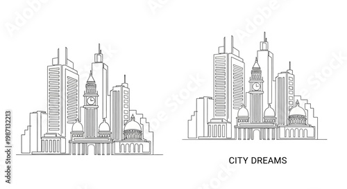 Hand drawn line art sketch of urban city skylines with skyscrapers and historical buildings.