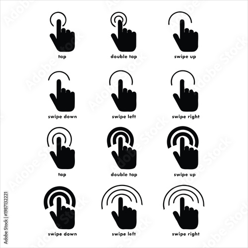 Detailed User Interface Gesture Icons for Touchscreen Devices Including Swipe, Tap, and Flick Controls