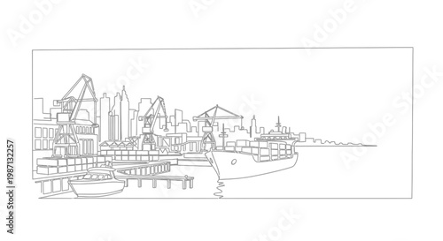 Line art illustration of a bustling industrial seaport with cargo ships and cranes.