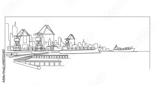 Minimalist hand drawn sketch of a city skyline with waterfront pier.