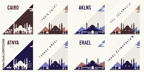 Minimalist travel posters showcasing iconic silhouettes of middle eastern cities