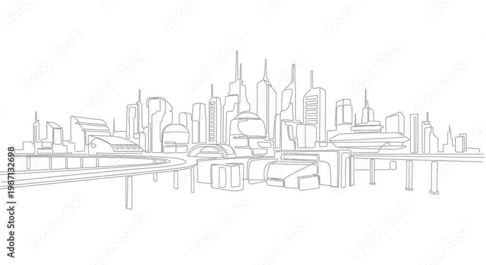 Naklejka premium Minimalist continuous line drawing of a modern cityscape skyline with highway bridge.