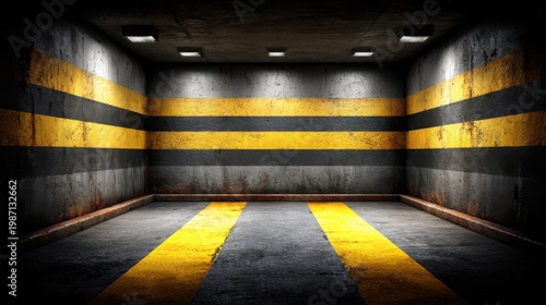 Industrial concrete floor with bold yellow warning stripes, a stark and utilitarian interior space