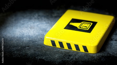 Bright yellow safety floor sticker with hazard warning symbols, showcasing caution and area demarcation