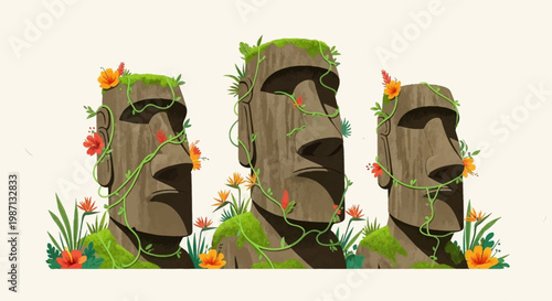Moai statues with flowers and green vines on Easter Island heads