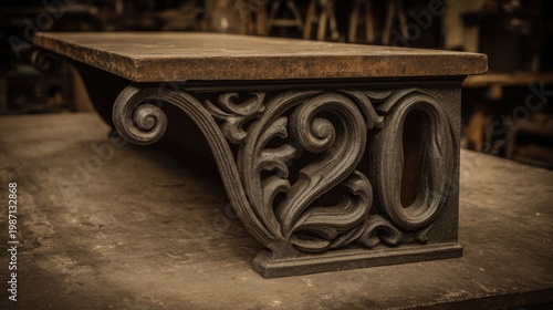 Intricately Designed Ornate Rustic Cast Iron Bracket Supporting a Weathered Stone Surface, Showcasing Vintage Craftsmanship