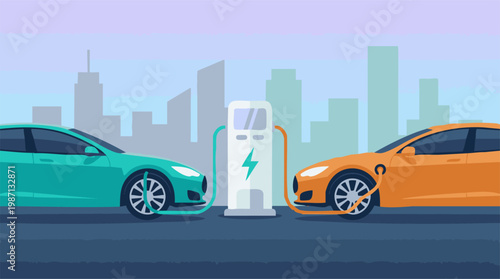 Electric cars charging at a public station in a city, sustainable transport