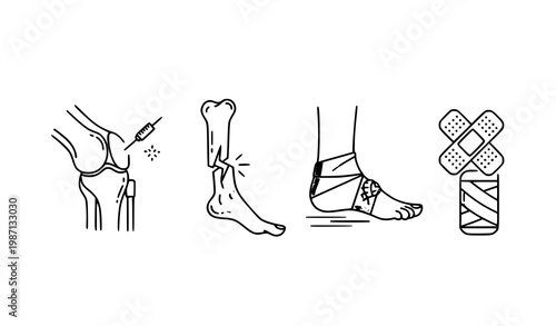 Modern orthopedic injury icons with joint injection fractured leg ankle sprain and bandage in outline vector style