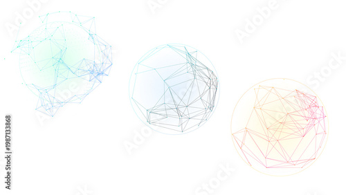 PNG image of Abstract geometric network spheres, a set of three interconnected wireframe shapes, digital technology and data visualization, modern science and communication concept. isolated on