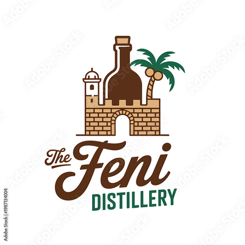 The Feni Distillery logo with castle and palm tree illustration