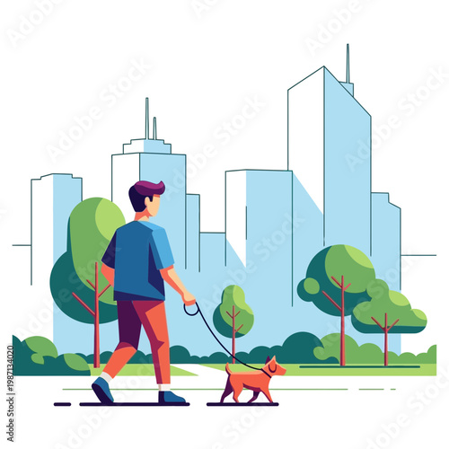 Person Walking Dog in Urban Park with City Skyline in Background