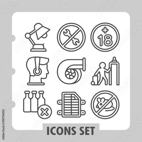 Desk lamp, listener, bottles minimalist icons set depicting prohibitions, signage, guidelines and safety items in outline style for apps and print on white background. Set of nine line icons.