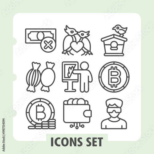 Banknote, candies, coin minimalist icons set depicting money, pets, family and shopping items in outline style for apps and print on white background. Set of nine line icons.