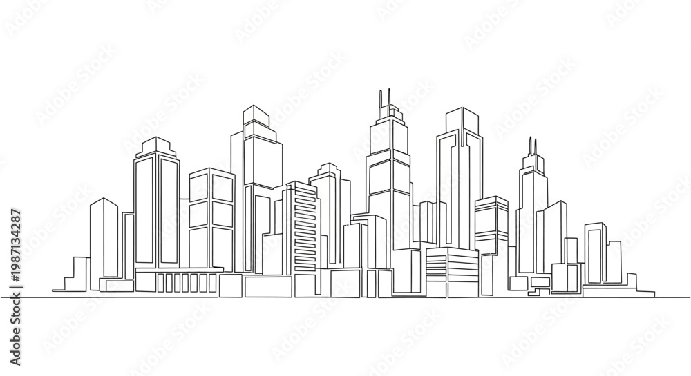Obraz premium Black and white hand drawn sketch of a modern city skyline.