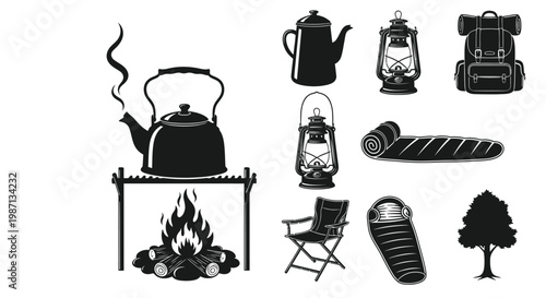 Black silhouette icons depict camping equipment a campfire and outdoor essentials