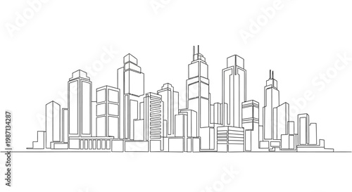 Black and white hand drawn sketch of a modern city skyline.