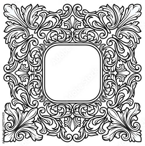 Intricate ornamental square frame with elaborate floral and scrollwork details, suitable for decorative use or elements vector design