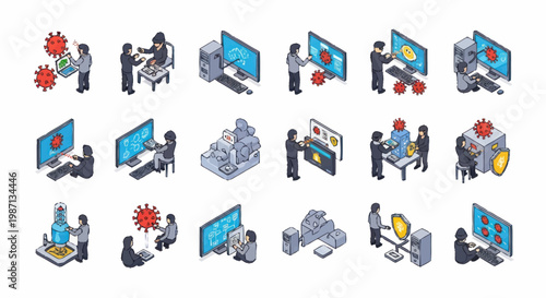 Cybersecurity concept with people and computers protecting data.