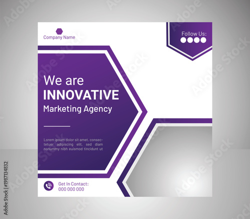 Innovative marketing agency flyer template, purple and white business brochure design, modern company booklet layout, vector marketing materials