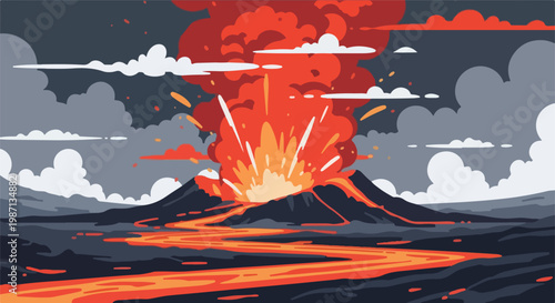 Volcano Eruption Lava Flowing Fiery Explosion.