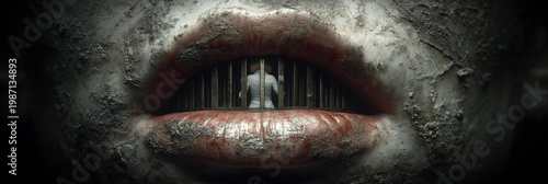 A Giant Human Mouth Transformed Into a Prison With a Small Human Figure Trapped Behind Bars, Symbolizing Self-Censorship, Secrecy, and Suppressed Emotions in a Dark Surreal Scene. Generative Ai.