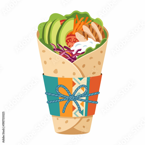 This appetizing image displays a colorful wrap filled with fresh vegetables and protein, perfect for health-conscious individuals looking for a quick and nutritious meal option or snack.