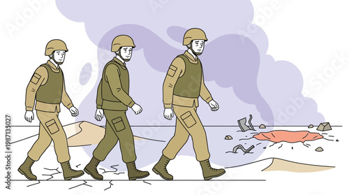 Soldiers Walking in Desert After Explosion Military Troops on Battlefi