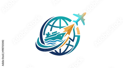 Global Travel and Adventure Logo with Airplane and Ship