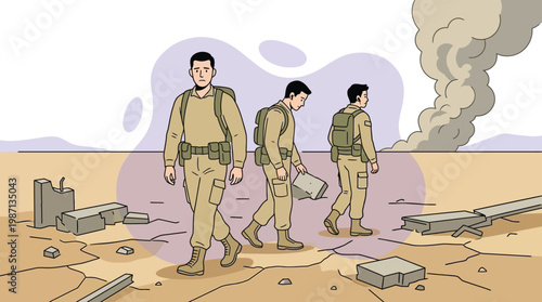 Military Soldiers Walking in Desert War Zone After Explosion with Smok