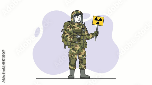 Soldier in Camouflage CBRN Hazmat Suit Holding Radioactive Warning Sig