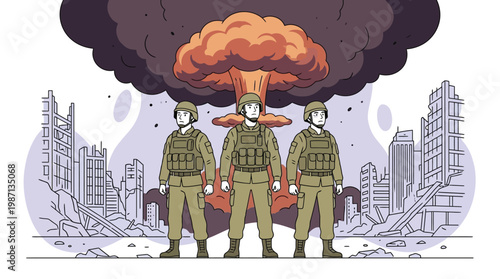 Soldiers Standing in Front of Destroyed City and Nuclear Mushroom Clou
