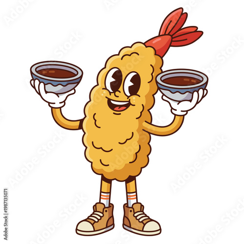 This happy shrimp character brings a playful twist by holding two bowls of sauce, embodying the fun of seafood cuisine and adding flavor to culinary creativity.