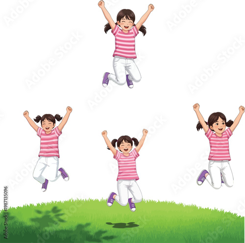 Happy young girl character in pink striped shirt jumping for joy on green grass field meadow summer nature vector illustration