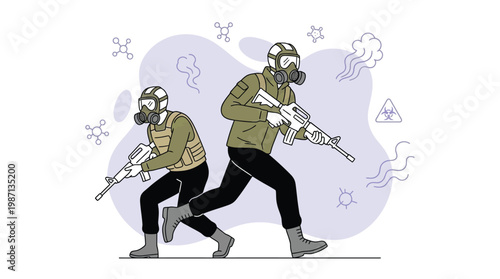 Combat Soldiers Wearing Gas Masks and Tactical Gear Holding Rifles in