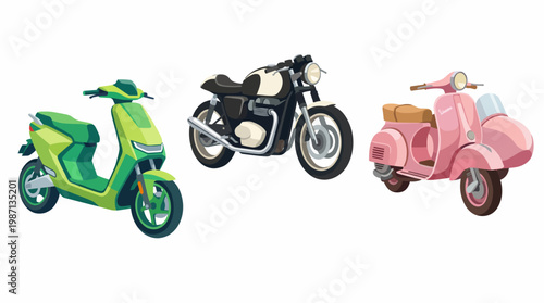 This vibrant illustration showcases a variety of motorcycles and scooters in unique colors and designs, representing freedom, speed, and urban lifestyle.