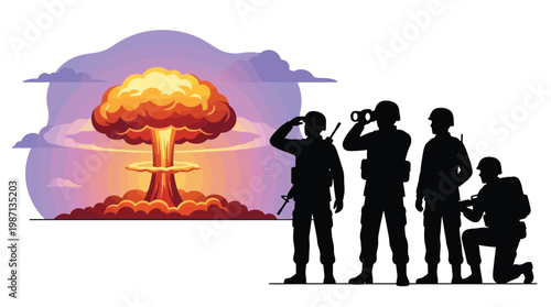 Military Soldiers Silhouettes Watching Nuclear Explosion Mushroom Clou