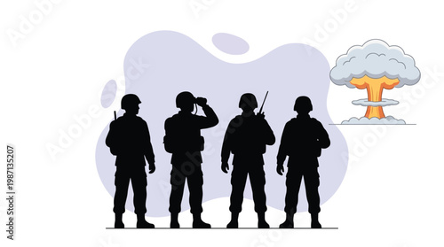 Soldier Silhouettes Watching a Massive Nuclear Explosion Mushroom Clou