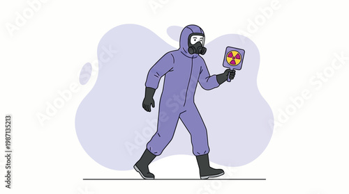 Vector Illustration of a Man in Purple Hazmat Suit and Gas Mask Holdin