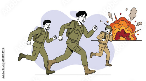 Soldier Vector Illustration of Brave Military Men Running Away from a