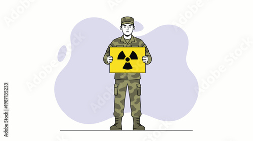 Soldier in Camouflage Uniform Holding a Radioactive Warning Sign Board