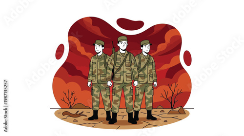 Military Soldiers in Camouflage Uniforms Standing in Arid Desert Lands