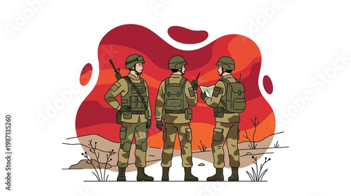 Three Soldiers in Camouflage Uniforms Standing in Desert Landscape wit