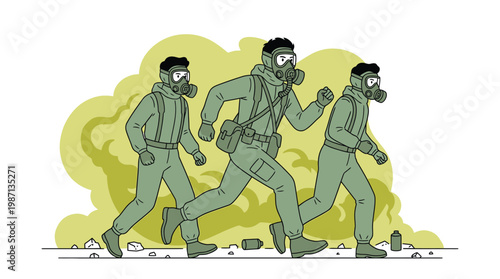 Military Soldiers in Gas Masks and Hazmat Suits Running Through Toxic